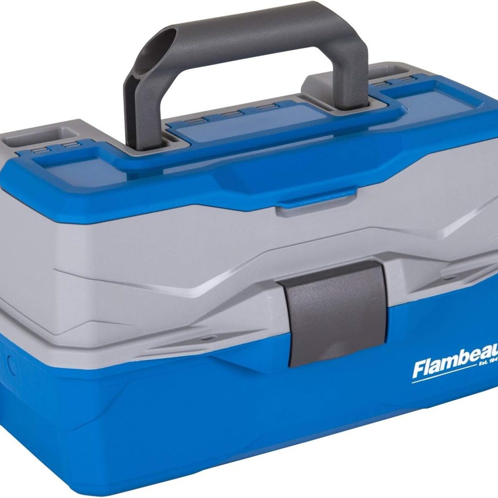 Flambeau Outdoors 6382TB 2-Tray Tackle Box - Classic Fishing Lure Storage Organizer, Medium Portable Tackle Box, 15 Tray Compartments, Blue/Gray